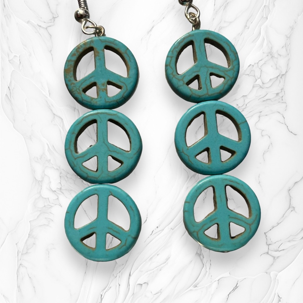 Hand Crafted Earrings Peace Sign Turquoise Hippie Boho Dangle Silver Green Resin - Picture 2 of 5